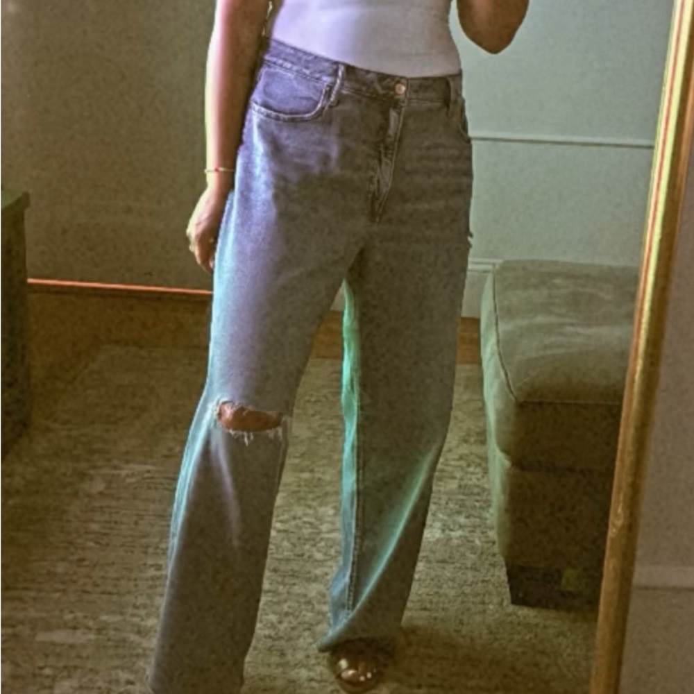 Express Light Blue Distressed Wide Leg Jeans